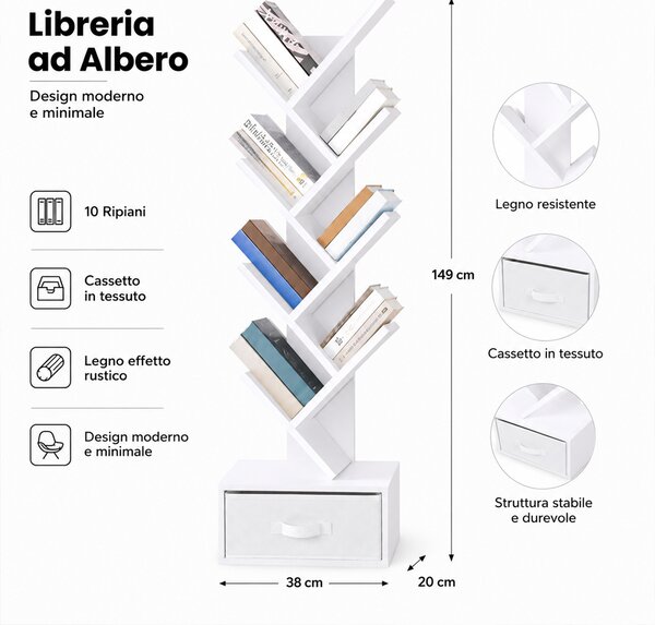 Libreria Moderna a 10 Ripiani 149x38x20 cm con Cassetto in Tessuto in MDF Bianco