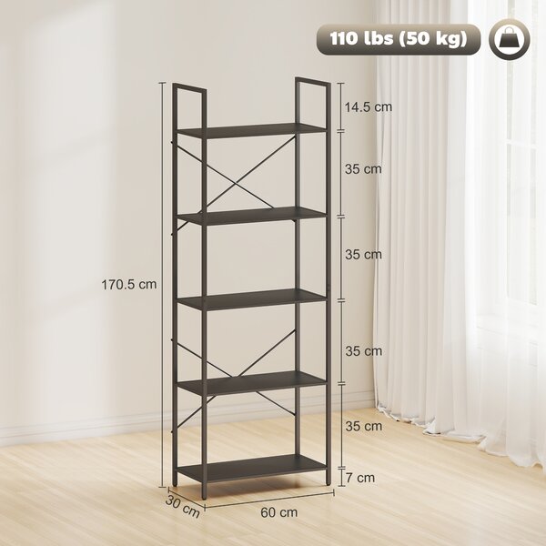 HOMCOM Libreria a 5 ripiani, in stile industriale con struttura metallica, 60x30x170,5 cm, Nero | Aosom Italy