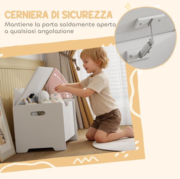 AIYAPLAY Baule Portagiochi in Legno a Forma di Orso e Capacità 20 kg 60x38x48 cm, Bianco | Aosom Italy