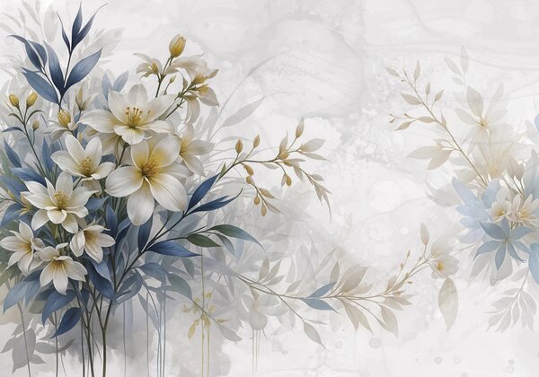 Carta da parati Bouquet floreale bianco, beige e blu con foglie delicate su uno sfondo morbido e sfocato, Carta da parati Floreale, w08314 : Uwalls.it