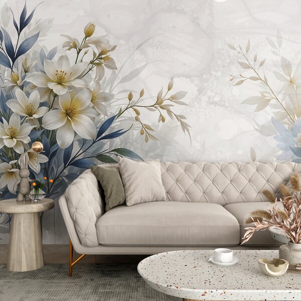 Carta da parati Bouquet floreale bianco, beige e blu con foglie delicate su uno sfondo morbido e sfocato, Carta da parati Floreale, w08314 : Uwalls.it