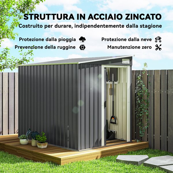 Outsunny Casetta da Giardino con Base, Porta Scorrevole e Tetto Inclinato, Capanno Attrezzi in Metallo, 1.5x2m, Grigio Scuro | Aosom Italy