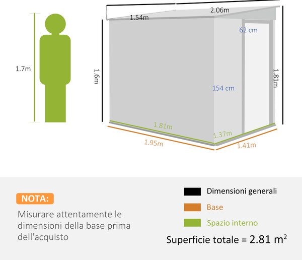 Outsunny Casetta da Giardino con Base, Porta Scorrevole e Tetto Inclinato, Capanno Attrezzi in Metallo, 1.5x2m, Verde | Aosom Ital