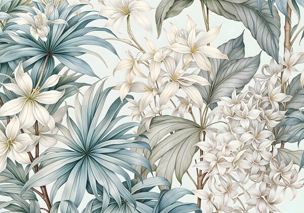 Carta da parati Stampa floreale tropicale con grandi fiori bianchi e azzurri, foglie verdi e sfondo, Carta da parati Moderno, w08318 : Uwalls.it