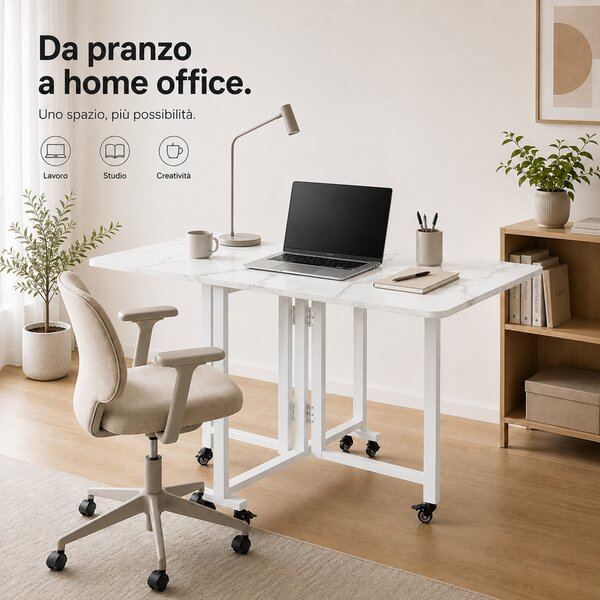 Tavolo Pieghevole Multiuso 120x80x75 cm con 4 Ruote con Freno in MDF Effetto Marmo