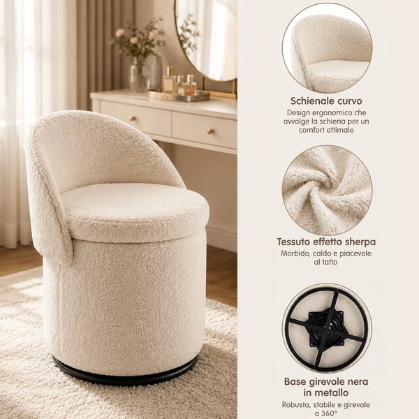 Pouf Contenitore Girevole 48x48x68 cm con Schienale Curvo e Seduta Rimovibile in Teddy Crema
