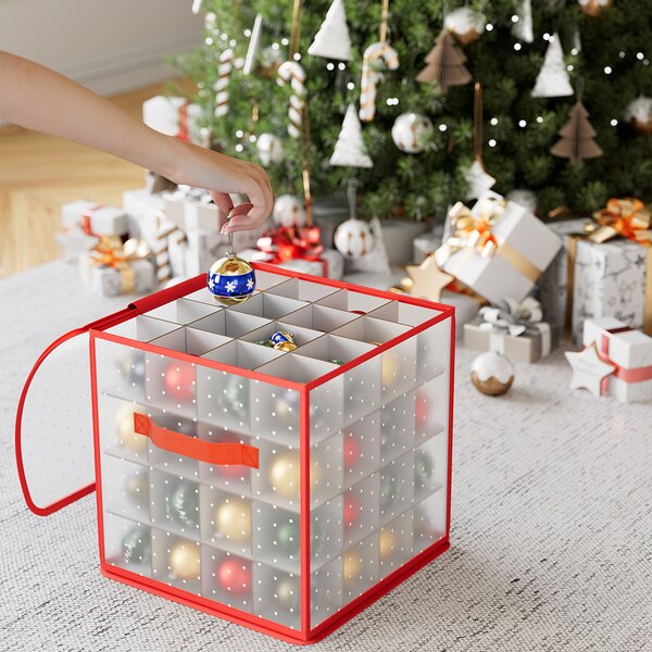 Scatola Portaaddobbi Natalizi 30x30x30 cm per 64 Palline Pieghevole con Zip in PP