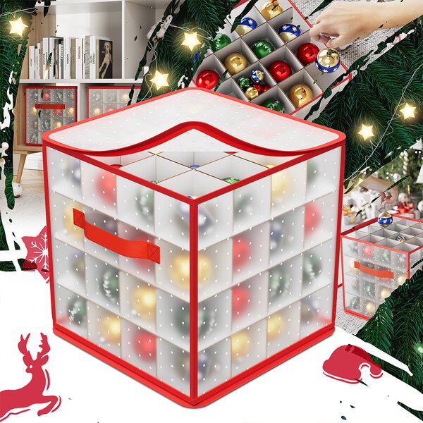 Scatola Portaaddobbi Natalizi 30x30x30 cm per 64 Palline Pieghevole con Zip in PP