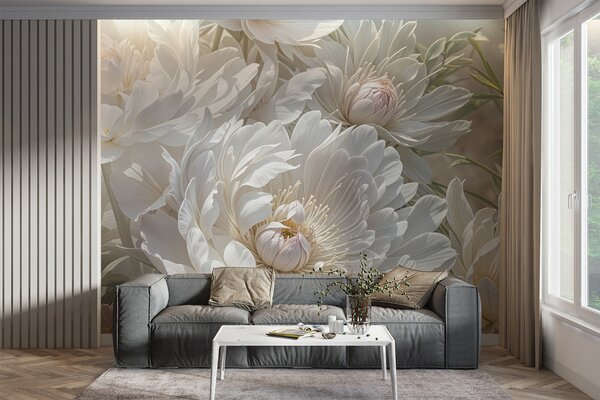 Carta da parati Primo piano di grandi e delicati fiori di peonia bianca con petali morbidi e soffici e, Carta da parati Floreale, w08325 : Uwalls.it