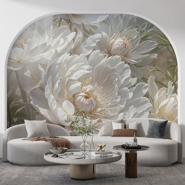Carta da parati Primo piano di grandi e delicati fiori di peonia bianca con petali morbidi e soffici e, Carta da parati Floreale, w08325 : Uwalls.it