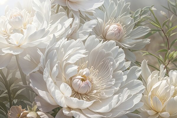 Carta da parati Primo piano di grandi e delicati fiori di peonia bianca con petali morbidi e soffici e, Carta da parati Floreale, w08325 : Uwalls.it