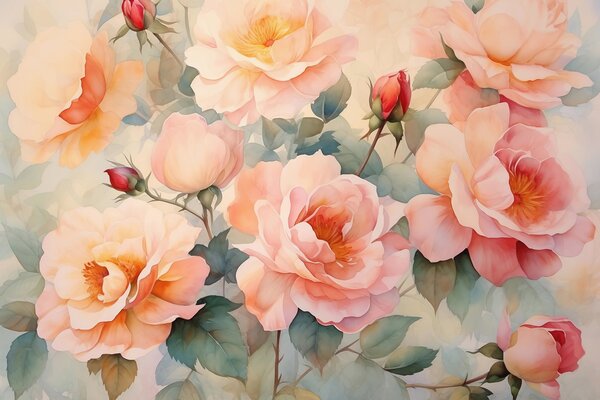 Carta da parati Rose vintage acquerello bagnato, Carta da parati Floreale, Carta da parati Fiori grandi, w01769 : Uwalls.it