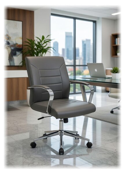 Sedia da ufficio grigia con struttura cromata robusta e design ergonomico