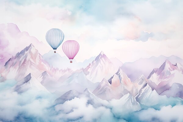 Carta da parati Montagne acquerellate con palloncini d'aria, eterei, colori blu, Carta da parati Acquerello, w01786v1 : Uwalls.it