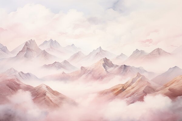 Carta da parati Montagne con nuvole, acquerello, colori tenui beige e rosa, Carta da parati Panoramica, w01790 : Uwalls.it