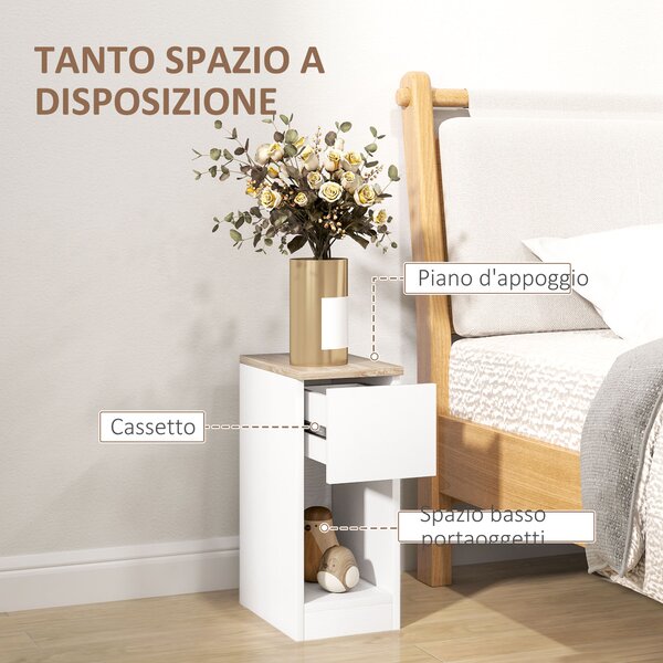 HOMCOM Set di 2 Comodini Moderni con Cassetto e Ripiano in Legno, 20x30x50 cm, Bianco e Rovere