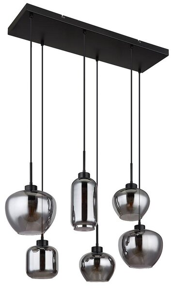 Lampada a sospensione, metallo, nero opaco, vetro color fumo, 6 lampadine