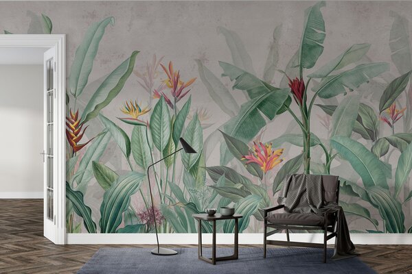 Carta da parati Foglie e fiori tropicali su sfondo chiaro, Carta da parati Natura, w01834v1 : Uwalls.it