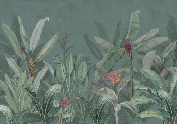 Carta da parati Foglie e fiori tropicali su sfondo verde, Carta da parati Natura, w01834v2 : Uwalls.it
