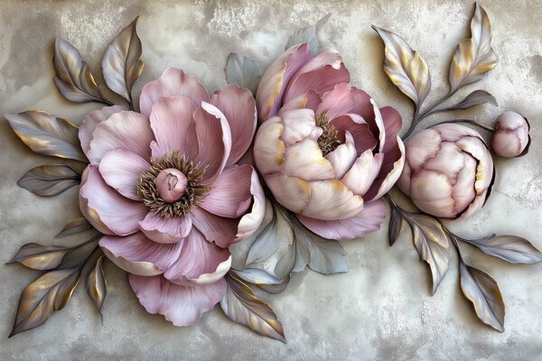 Carta da parati Peonie floreali viola con foglie e petali in colori pastello tenui,, Carta da parati 3D, Carta da parati Fiori 3D, w01825 : Uwalls.it