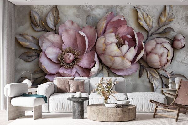 Carta da parati Peonie floreali viola con foglie e petali in colori pastello tenui,, Carta da parati 3D, Carta da parati Fiori 3D, w01825 : Uwalls.it