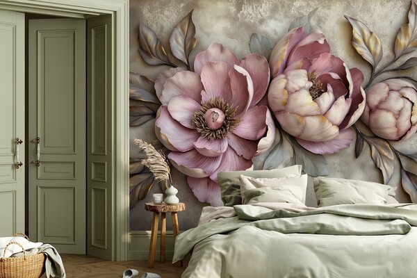 Carta da parati Peonie floreali viola con foglie e petali in colori pastello tenui,, Carta da parati 3D, Carta da parati Fiori 3D, w01825 : Uwalls.it
