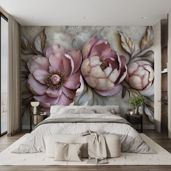Carta da parati Peonie floreali viola con foglie e petali in colori pastello tenui,, Carta da parati 3D, Carta da parati Fiori 3D, w01825 : Uwalls.it