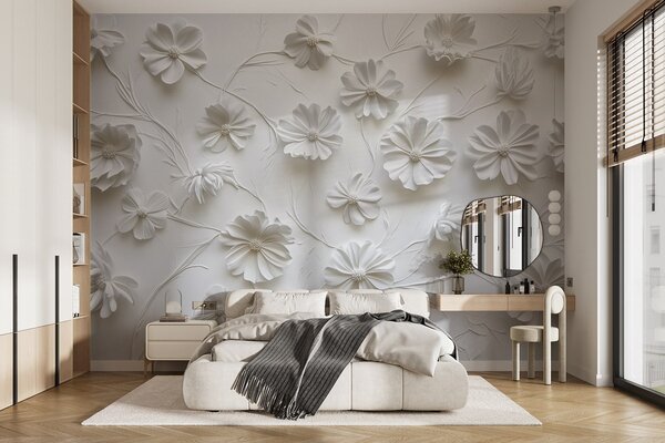 Carta da parati Composizione di fiori in rilievo in bianco in uno stile minimalista, Carta da parati 3D, Carta da parati Fiori 3D, w01828 : Uwalls.it