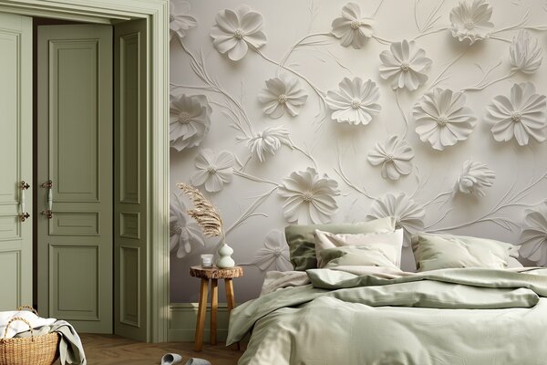 Carta da parati Composizione di fiori in rilievo in bianco in uno stile minimalista, Carta da parati 3D, Carta da parati Fiori 3D, w01828 : Uwalls.it