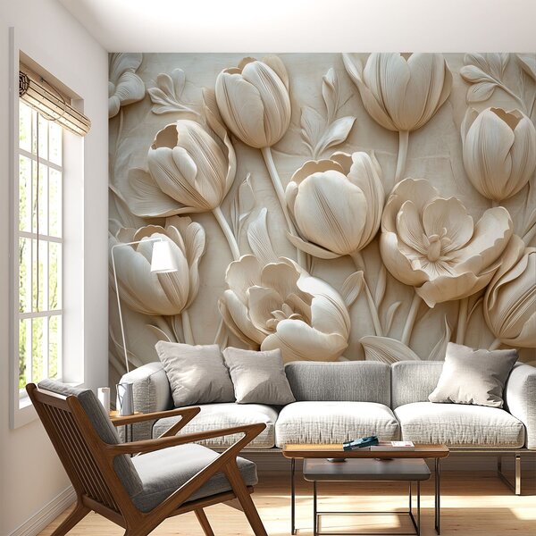 Carta da parati arte floreale 3D con graziosi tulipani in colore beige, Carta da parati 3D, Carta da parati Fiori 3D, w01851 : Uwalls.it