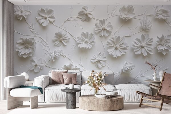 Carta da parati Composizione di fiori in rilievo in bianco in uno stile minimalista, Carta da parati 3D, Carta da parati Fiori 3D, w01828 : Uwalls.it