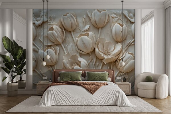 Carta da parati arte floreale 3D con graziosi tulipani in colore beige, Carta da parati 3D, Carta da parati Fiori 3D, w01851 : Uwalls.it