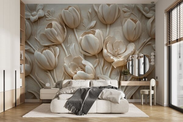 Carta da parati arte floreale 3D con graziosi tulipani in colore beige, Carta da parati 3D, Carta da parati Fiori 3D, w01851 : Uwalls.it
