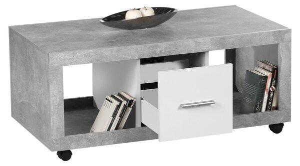 Tavolino da salotto >Stone< con finitura effetto cemento/bianco, materiale derivato dal legno - 115x50x60 cm (LxAxP)