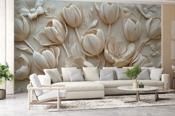 Carta da parati arte floreale 3D con graziosi tulipani in colore beige, Carta da parati 3D, Carta da parati Fiori 3D, w01851 : Uwalls.it