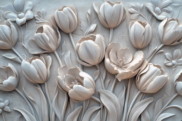 Carta da parati Incisione di fiori bianchi su una parete, Carta da parati 3d fiori, Carta da parati popolare, w01851v1 - Tapeko.it