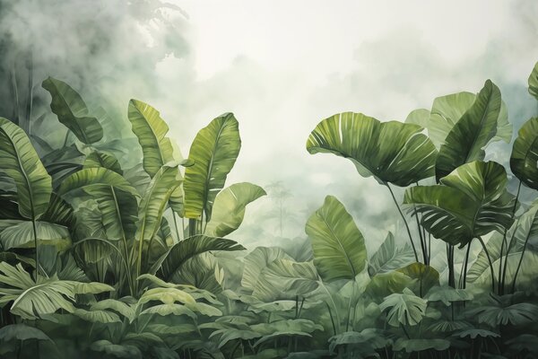 Carta da parati Foglie tropicali nella giungla sullo sfondo della nebbia, Carta da parati Foresta, Carta da parati Giungla, w01868 : Uwalls.it