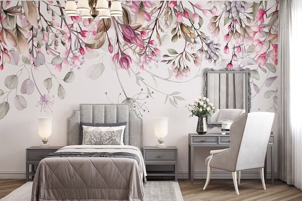 Carta da parati Delicati rami floreali bianchi e rosa con foglie e petali, su sfondo grigio pastello, Carta da parati Floreale, w08347 : Uwalls.it