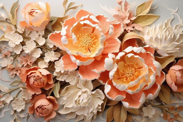 Carta da parati Composizione floreale in 3D sui toni del pesca, con peonie e rose, Carta da parati 3D, Carta da parati Fiori 3D, w01939 : Uwalls.it