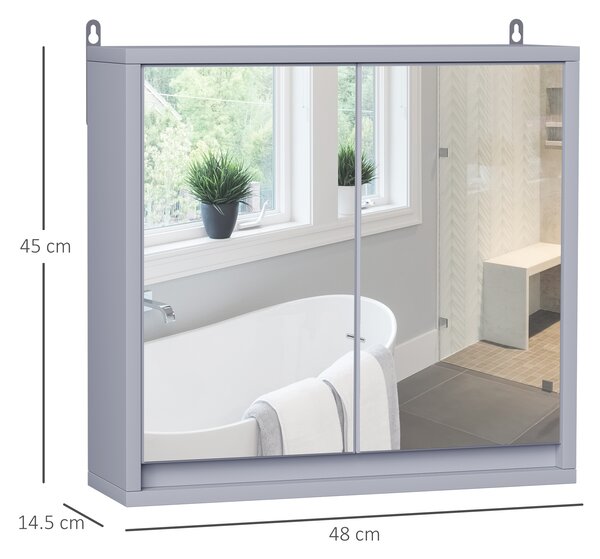 Homcom Armadietto da Bagno da Parete Doppia Porta a Vetro con Ripiano Regolabile, Grigio, 48x14.5x45cm|Aosom