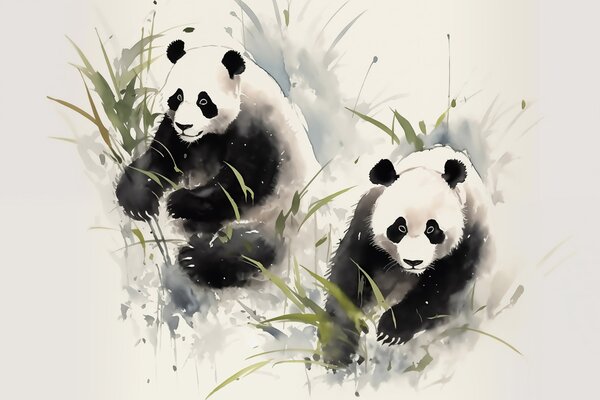Carta da parati Coppia di panda nell'erba, Carta da parati animali, Carta da parati popolare, w01948 - Tapeko.it