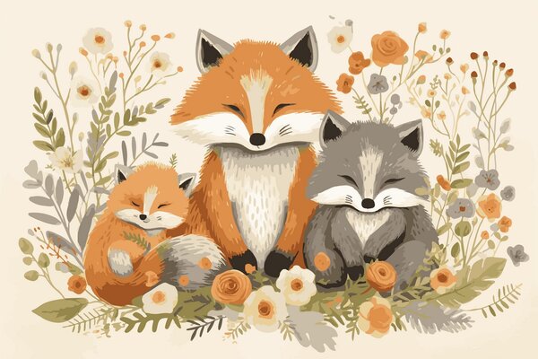 Carta da parati Volpe e cucciolo di volpe seduti tra i fiori, Carta da parati animali, Carta da parati popolare, w01989 - Tapeko.it