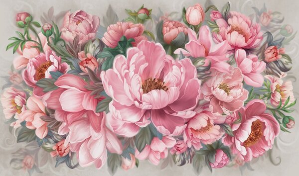 Carta da parati Pittura di fiori rosa, Carta da parati Peonie, Carta da parati popolare, w01966 - Tapeko.it