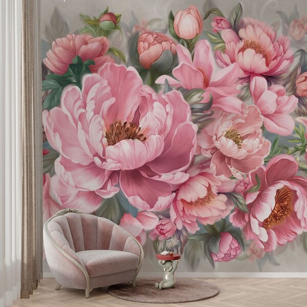 Carta da parati Pittura di fiori rosa, Carta da parati Peonie, Carta da parati popolare, w01966 - Tapeko.it