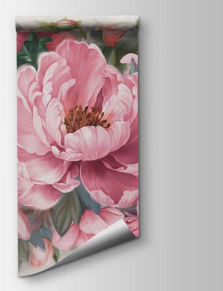 Carta da parati Pittura di fiori rosa, Carta da parati Peonie, Carta da parati popolare, w01966 - Tapeko.it