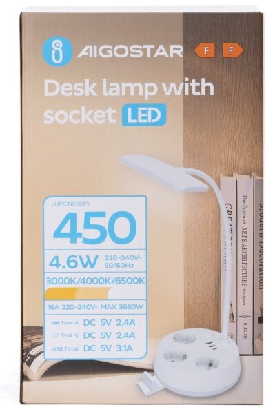 Aigostar - Lampada da tavolo dimmerabile a LED con prese elettriche integrate e porta USB LED/4,6W/230V bianca