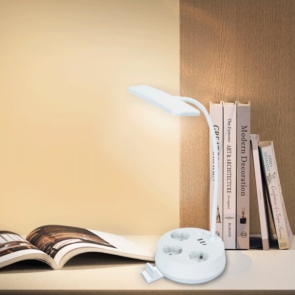 Aigostar - Lampada da tavolo dimmerabile a LED con prese elettriche integrate e porta USB LED/4,6W/230V bianca