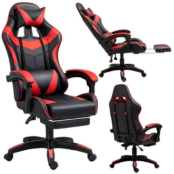 Sedia da gioco da ufficio girevole Lean con poggiapiedi e cuscini neri e rossi