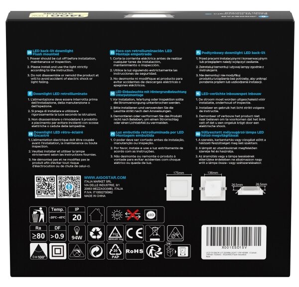 Aigostar - Lampada a incasso LED/12W/230V 4000K 17,5x17,5 cm bianca