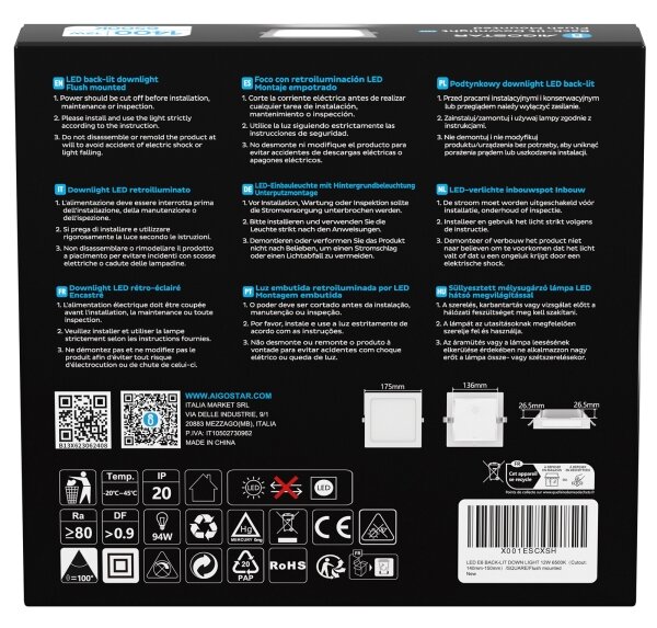 Aigostar - Lampada da incasso LED/12W/230V 6500K 17,5x17,5 cm bianca